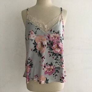 Lilac &London Aqua & Pink Large Floral Print Lace Trimmed Spaghetti Strap Cami